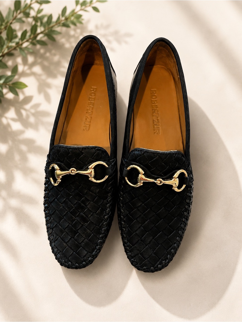 Robert Zur Black Woven Leather Loafers with Gold Bit